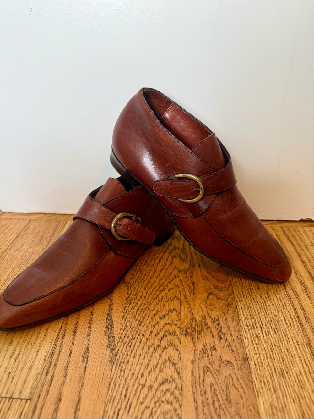 Vintage Arthur Beren Brown Leather Monk Strap Flat Shoes Brass Buckle 8.5 N